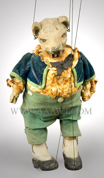 Antique Marionette, Pig Figure, Polychrome, 1st Half 20th Century, close up view